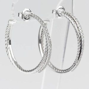 David Yurman Sterling Silver and Diamonds Crossover Cable Hoop Earrings